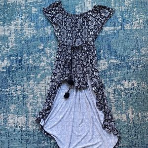 Justice black and white romper - high low hem with corded belt.